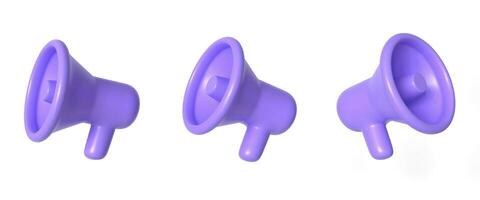 3d purple megaphone in different positions. illustration in realistic cartoon style. 3d rendering isolated on white background photo