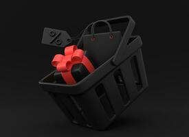 3d food basket, gift box and shopping bag inside. shopping cart and price tag with percent sign. shopping or sales concept for black friday or new year. 3d rendering in realistic style. photo