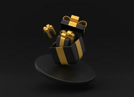 3d open big black gift box with small gifts inside in flight.minimalistic realistic style. banner for advertising sale for black friday or new year. 3d rendering. photo