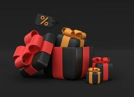 3d black gift boxes with red and yellow bows and a price tag with percentages. minimalistic realistic style. banner for advertising sale for black friday or new year. 3d rendering. photo