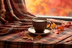 otoño, otoño hojas, un caliente humeante taza de café y un calentar frazada. estacional, Mañana café, domingo descanso y todavía vida concepto.ai generativo foto