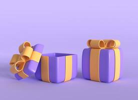 3d purple gift boxes with yellow bows in realistic cartoon style. open and closed gift. 3d rendering. photo