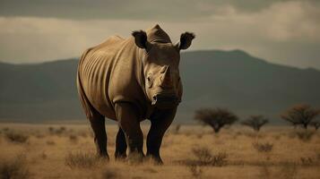 rinoceronte en el antecedentes de el africano sabana, caliente día, animales de África. ai generativo foto