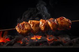 Chicken skewer on the grill, dark background.ai generative photo