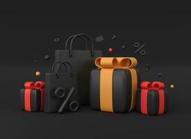 3d black gift boxes with red and yellow bows, shopping bags and percent sign. minimalistic realistic style. banner for advertising sale for black friday or new year. 3d rendering. photo