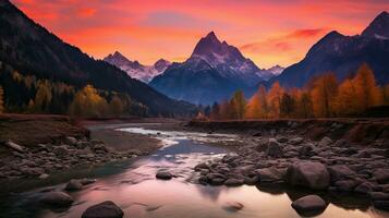 hermosa paisaje con alto río y rojo luz de sol en amanecer. creado con generativo ai foto