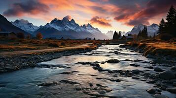 hermosa paisaje con alto río y rojo luz de sol en amanecer. creado con generativo ai foto