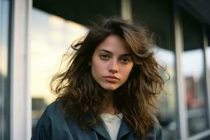 a young woman with long hair standing in front of a building generative ai photo