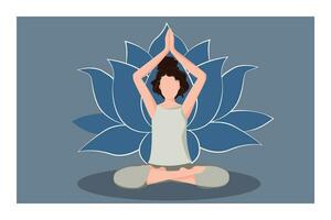 Woman sitting in a meditation position. Chakra meditation concept in blue colors. Vector illustration isolated. Buddhism esoteric motivs. Use for spiritual, yoga, sport, social media, web and design.