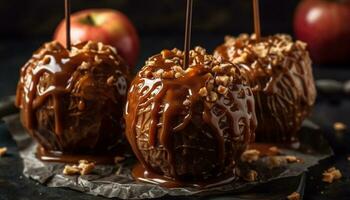 A gourmet dessert chocolate dipped apple with caramel and marshmallow generated by AI photo