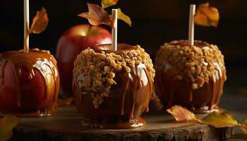 otoño postre mesa chocolate, fruta, caramelo, hecho en casa, calabaza, Dulce de azúcar generado por ai foto