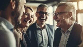 sonriente empresarios y mujer disfrutar éxito en un alegre oficina generado por ai foto