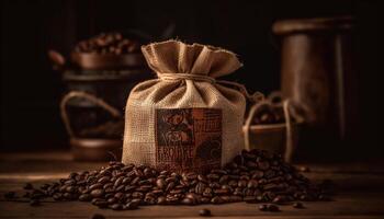 Bean sack on wooden table, dark background, fresh coffee aroma generated by AI photo