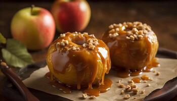 Freshly baked apple pie on a rustic wooden table generated by AI photo