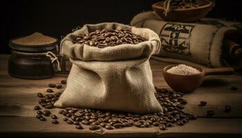 Bag of burlap holds dark coffee beans, a caffeine drink generated by AI photo