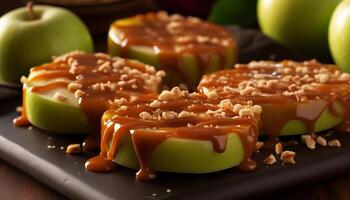 Freshly baked apple pie, a sweet indulgence with caramel drizzle generated by AI photo