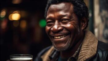 africano hombre sonriente, mirando a cámara, disfrutando café en ciudad generado por ai foto