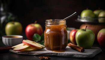 Fresco manzana rebanadas en un de madera mesa, un sano otoño bocadillo generado por ai foto