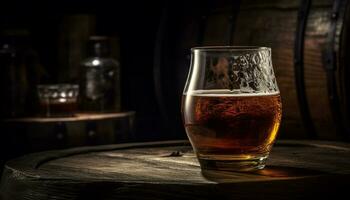 Wooden bar counter with a glass of frothy beer pouring generated by AI photo