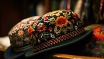 elegante tejido Paja sombrero, un tradicional Moda generado por ai foto