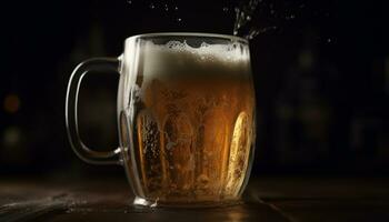 un espumoso cerveza vaso en un oscuro de madera mesa, refrescante bebida generado por ai foto