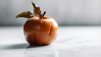 Fresco manzana, un sano bocadillo, en un de madera mesa en otoño generado por ai foto