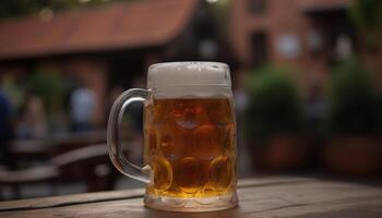 A refreshing pint of beer, enjoyed outdoors in a beer garden generated by AI photo