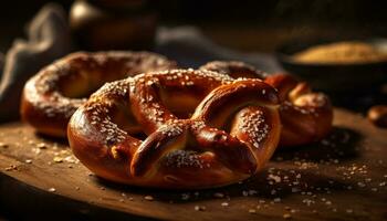 Freshly baked pretzels on a rustic wooden table, a gourmet snack generated by AI photo