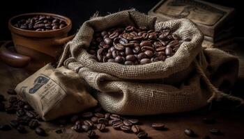 Freshly ground coffee beans in a burlap sack, ready to brew generated by AI photo