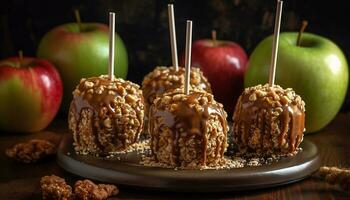 Gourmet dessert chocolate dipped apple with caramel, walnut, and pecan generated by AI photo