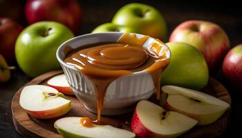 Fresh apple slice on wooden table, a healthy autumn snack generated by AI photo