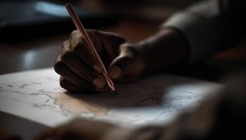 A man sitting at a table, working on a blueprint generated by AI photo