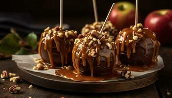 indulgente hecho en casa postre chocolate caramelo manzana con pacana crujido generado por ai foto