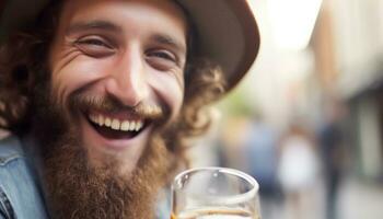 Smiling men enjoy outdoors, drink, laugh, and embrace carefree lifestyles generated by AI photo