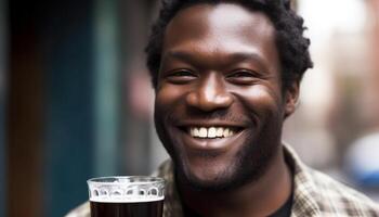 sonriente adulto, joven africano hombre, alegre, elegante, mirando a cámara generado por ai foto