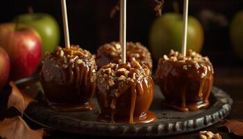 indulgente gastrónomo postre chocolate sumergido caramelo manzana en de madera plato generado por ai foto