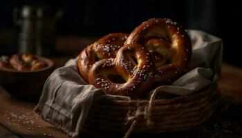 Freshly baked pretzels on a rustic wooden table, a delicious snack generated by AI photo