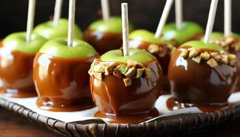 A close up of a gourmet chocolate dipped caramel apple dessert generated by AI photo