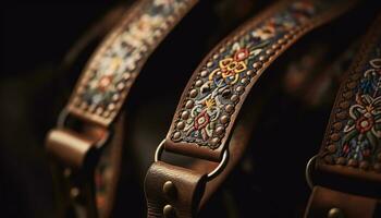 Leather strap, metal buckle, fastening reliability, stitching, old fashioned elegance generated by AI photo