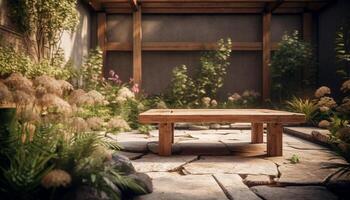 A rustic wooden bench sits in a tranquil garden oasis generated by AI photo