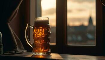 A frothy beer glass on a wooden table, refreshing and inviting generated by AI photo