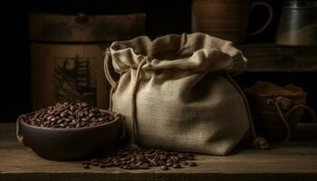 A rustic burlap sack holds fresh coffee beans on a wooden table generated by AI photo