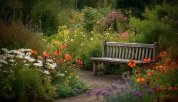 A beautiful summer meadow with colorful flowers and a wooden bench generated by AI photo