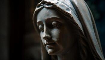 A woman praying, grief and sadness in a religious sculpture generated by AI photo