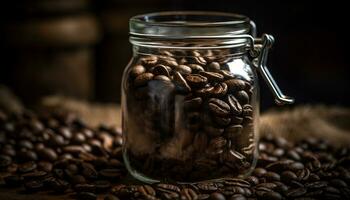 Freshly roasted coffee beans on a rustic wooden table in a coffee shop generated by AI photo