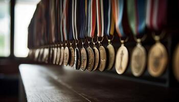 A row of awards on a wooden table, symbolizing success generated by AI photo