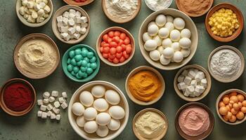 A large variety of colorful pills in a bowl for health generated by AI photo