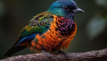 Majestic macaw perching on branch, vibrant feathers, close up portrait generated by AI photo