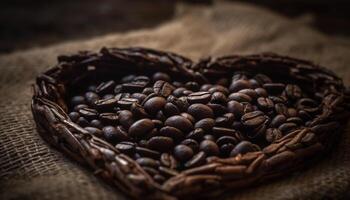 Freshness of coffee beans in burlap sack, close up on dark background generated by AI photo