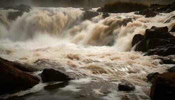 Nature beauty water waves flowing rapidly, splashing, breaking on rocks generated by AI photo